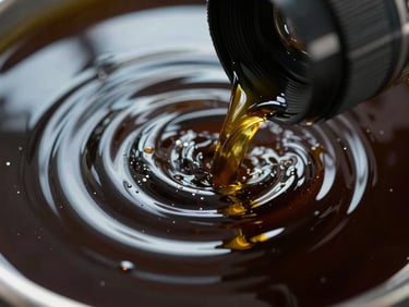 Extreme close-up of dark crude oil liquid reflecting high-contrast industrial lighting, sharp detail