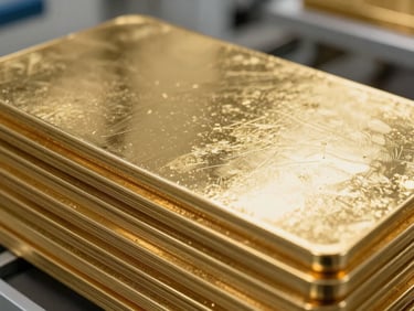 Extreme close-up of pure gold cathode sheets stacked in a clean industrial facility, high-contrast crisp lighting