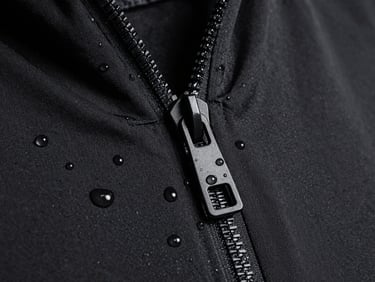 Macro shot of a matte black waterproof zipper on a technical jacket, water droplets, high-contrast studio lighting, sharp focus