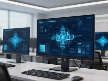 Abstract architectural perspective of clean modern workspace with screens displaying complex system diagrams.