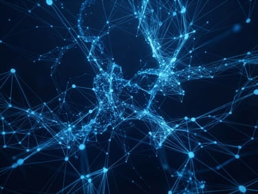 Sleek 3D render of abstract data architecture, glowing electric blue nodes connected by sharp vector lines on a deep navy background, cinematic lighting, ultra-detailed.