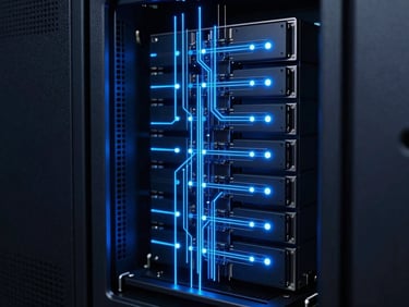 Macro shot of cool-toned server hardware with sharp electric blue LED indicators, ultra-detailed.