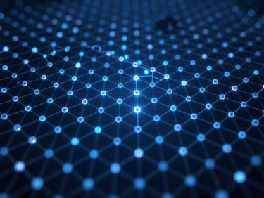 Sleek 3D render of dense blue data nodes connecting in a complex grid, high contrast, cinematic lighting.