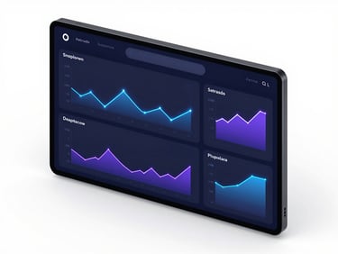 Isometric view of a clean dark-mode UI dashboard displaying real-time analytics graphs, glowing blue and purple lines, sleek glassmorphism.