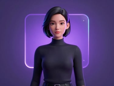 Professional portrait of a female technical analyst in a low-key lit environment, soft violet backlighting.