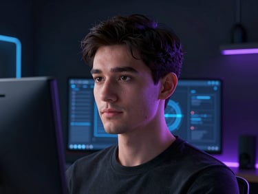 Moody close-up portrait of a technical founder in a dark workspace, backlit by soft blue monitor glow, high contrast.