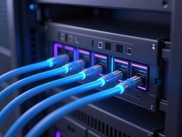 Macro close-up of a glowing server rack with neon blue fiber optic cables, shallow depth of field, dark-mode technical aesthetic.