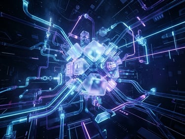Sleek dark-mode 3D render of glowing neon blue and violet data pipelines, glassmorphism nodes, high-contrast studio lighting, octane render style