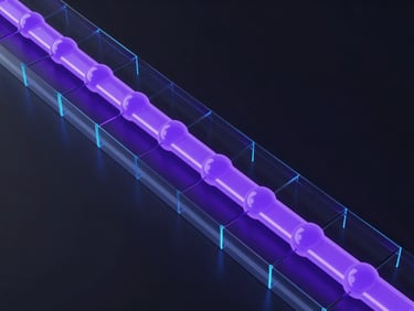 Abstract 3D render of a glowing violet data pipeline routing glowing spherical nodes through translucent glass panels, dark background.