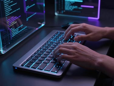 Close-up of hands typing on a sleek keyboard in a dark room, glowing code reflected on glass surfaces.