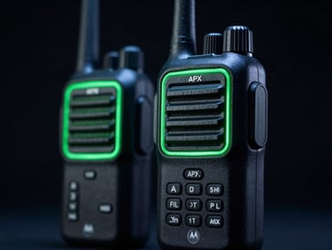 Motorola Solutions APX series rugged walkie-talkie, tight macro shot, dramatic green rim lighting, 85mm