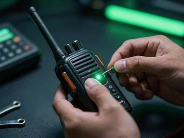 Close-up of a technician's hands repairing a rugged two-way radio, tools visible, sharp green light, 85mm