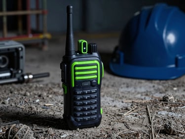 cinematic corporate photography, dramatic low-key lighting with sharp green neon accents, deep navy tones, sharp macro focus, 85mm, heavy-duty walkie talkie on a dusty construction site, hard hat in background