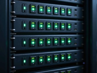 Server rack with glowing green indicator lights and digital repeater modules, sharp macro focus, deep navy tones, 85mm