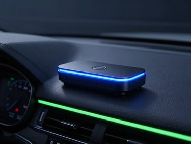 Mobile two-way radio base station mounted in a vehicle dashboard, with sharp blue rim lighting, 85mm