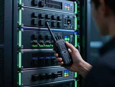 cinematic corporate photography, dramatic low-key lighting with sharp green neon accents, deep navy tones, sharp macro focus, 85mm, professional technician programming a two-way radio, server rack with repeaters in a clean data center, blue rim light