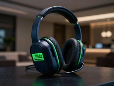 cinematic corporate photography, dramatic low-key lighting with sharp green neon accents, deep navy tones, sharp macro focus, 85mm, sleek security earpiece with a two-way radio, blurred hotel lobby in background