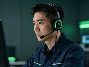 Professional technician wearing a security earpiece, looking focused, green rim light, deep navy tones, 85mm