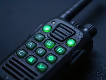 Close-up of a rugged, intrinsically safe handheld walkie-talkie with glowing green buttons, dramatic low-key lighting, 85mm