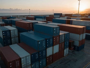 High-angle shot of shipping containers stacked at a modern port terminal at dawn, subtle golden-hour highlights, deep teal tones, 35mm