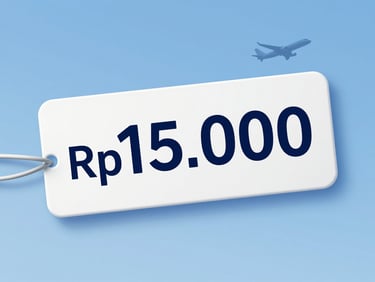 Flat illustration of a price tag displaying 'Rp15.000' in bold numerals against a clean sky-blue background, accompanied by a small airplane silhouette, minimal fintech digital style, no text beyond the price numeral