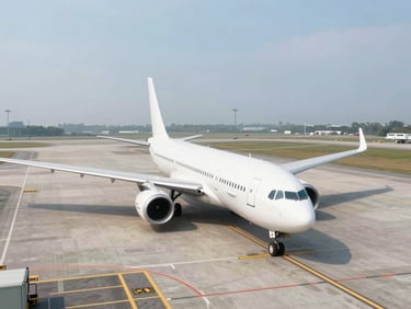 Bird's-eye overhead view of a single commercial airplane on a wide tarmac apron, bright overcast daylight, flat clean digital illustration style, sky-blue and white tones, no people, no crowds, minimal stylized rendering of Indonesian airport ground markings