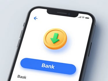 Flat digital illustration of a bank transfer confirmation screen showing instant payout with a gold coin icon and a downward green arrow, clean white UI, sky-blue accent tones, fintech minimal style, no people