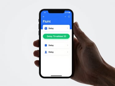 Minimalist flat illustration of a smartphone showing a real-time flight status screen with a green 'Delay Tervalidasi' badge, clean white background, sky-blue UI elements, digital fintech style, no people