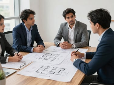 A professional client-consultant meeting in a bright Gurugram office, architectural blueprints spread across a wooden table, sharp focus, natural daylight.