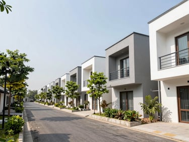 Quiet residential lane in South City, Gurugram, modern independent floors with balconies, green trees lining the street, bright daylight.