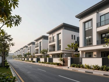 Tree-lined street in DLF Phase II, Gurugram, showcasing premium independent floors and modern residential villas, soft morning light.