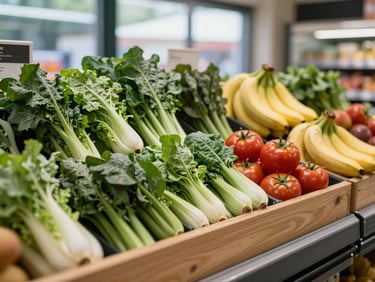 Close-up of fresh vegetables and fruits arranged in an open produce section — green leafy vegetables, tomatoes, and bananas — natural daylight from store windows, clean wooden display bins