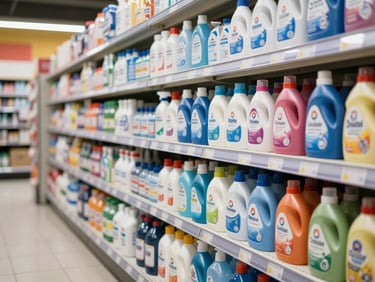 Organized supermarket shelf of household cleaning products and detergents — bottles and sachets neatly arranged, labels forward, clean retail lighting, tidy aisle environment