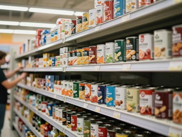 Close-up overhead framing of a well-organized supermarket shelf loaded with canned goods and everyday grocery products, fluorescent retail lighting as it naturally appears in-store, product labels facing forward in neat rows, a store staff member's hands visible arranging items at the shelf edge — abundance and order in one frame