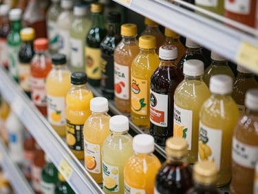Overhead shot of assorted beverage bottles and juice packs arranged in a clean store display, natural daylight mixing with retail lighting, colorful labels visible