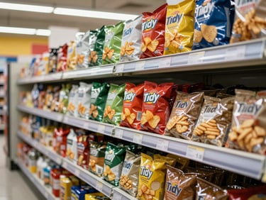 Tidy shelf display of snack products — chips, crackers, and biscuits — in a well-organized supermarket aisle, fluorescent retail lighting, labels neat and forward-facing