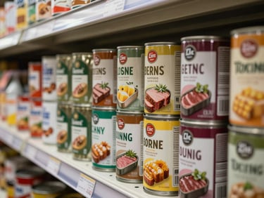 Close-up of neatly arranged canned goods on a supermarket shelf, labels facing forward, warm fluorescent retail lighting, organized rows of sardines and corned beef cans