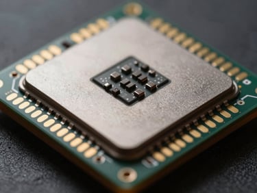 Extreme close-up macro photography of a mobile system-on-chip processor, sharp edge-lights illuminating metallic textures and silicon pathways, dark atmosphere.