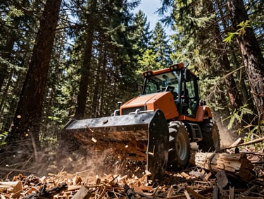 Low-angle dynamic shot of a rugged high-flow forestry mulcher chewing through dense cedar thickets, harsh direct sunlight, flying woodchips, deep forest tones, dramatic contrast