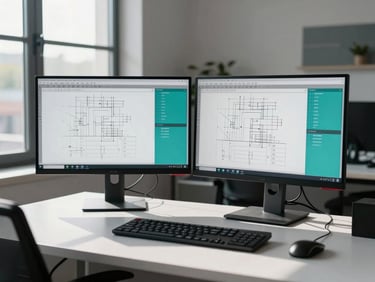 Wide environmental shot of a quiet design studio, two monitors side-by-side showing wireframe layouts and teal-accented component specs, clean desk surface, cool daylight entering from a large left-side window casting sharp shadows across the workspace