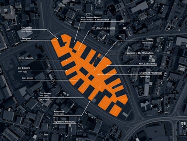 Top-down orthographic vector map of an urban neighborhood, highlighted plot in vibrant orange, technical data callouts and clean typography, dark navy background.