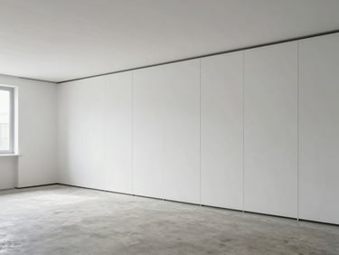 Interior view of a spacious room with flawless Gyproc partitions and ceiling, raw concrete floor, soft natural light.