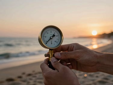 Close-up of hands gently adjusting a vintage brass dive pressure gauge on a sandy shore at sunset, warm low-contrast light.