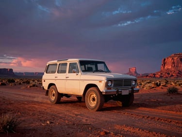 A vintage 4x4 vehicle parked on a dirt track in Monument Valley, dramatic sunset sky, dusty red and deep blue tones, 35mm film look
