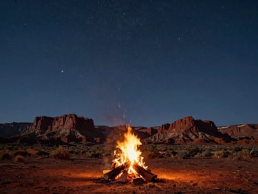 Cinematic low-angle shot of a campfire under a vast starry sky in the Utah desert, silhouettes of red rock formations in the background.