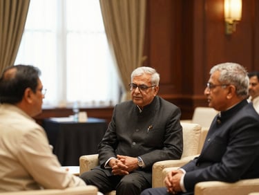 Dignified presentation at a Chitransh Chamber of Commerce & Industry national summit, warm soft lighting, professional Kayastha community leaders in conversation, elegant setting