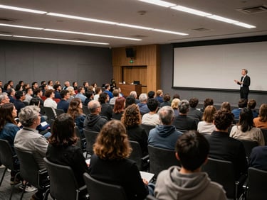 Wide documentary photograph of a packed conference auditorium mid-session, attendees seated and facing a presenter at the front, natural overhead lighting, shot from the back of the room capturing the full crowd and stage in one frame — no posed subjects, no eye contact with camera