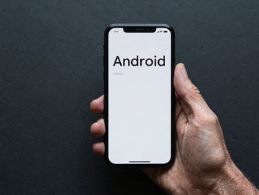 Macro top-down flat lay of an older adult's hand holding a modern Android phone, displaying a simplified high-contrast interface with large typography, cool studio lighting.
