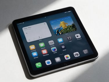 Macro flat lay of a physical Android tablet showing high-contrast interface elements, clean cool-toned studio lighting with sharp shadows.