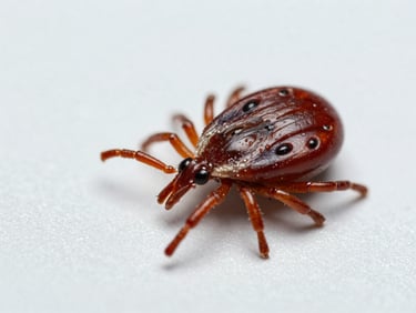 Macro photograph of a dog tick on a clean light background, scientific specimen style, clinical lighting.